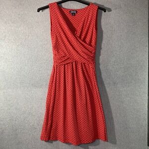 Lands End Wrap Dress Women XS Red Orange Geometric Casual Summer Pima Cotton EUC